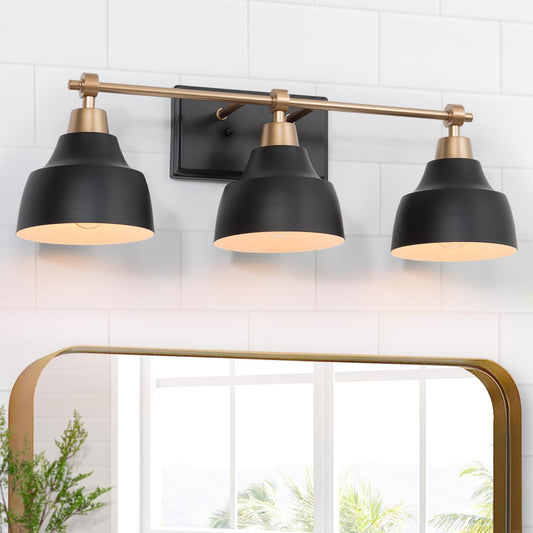 GEPOW Bathroom Wall Light Fixtures, 3-Light Black Gold Vanity Light, Modern Farmhouse Wall Lamp Over Mirror for Hallway, Bedroom, Kitchen, and Living