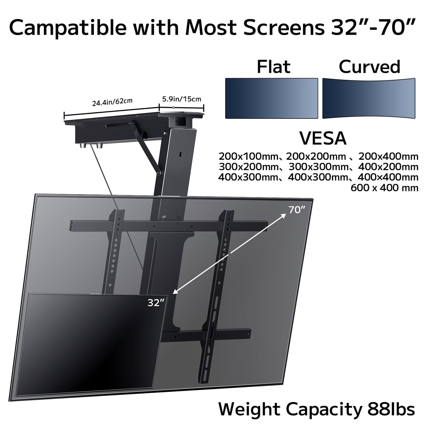Yegosh Electric Ceiling TV Mount, Remote Adjustable Flip Down Bracket for 32 to 70 Inch Flat Curved Screen TVs Max VESA 600x400mm, Motorized TV