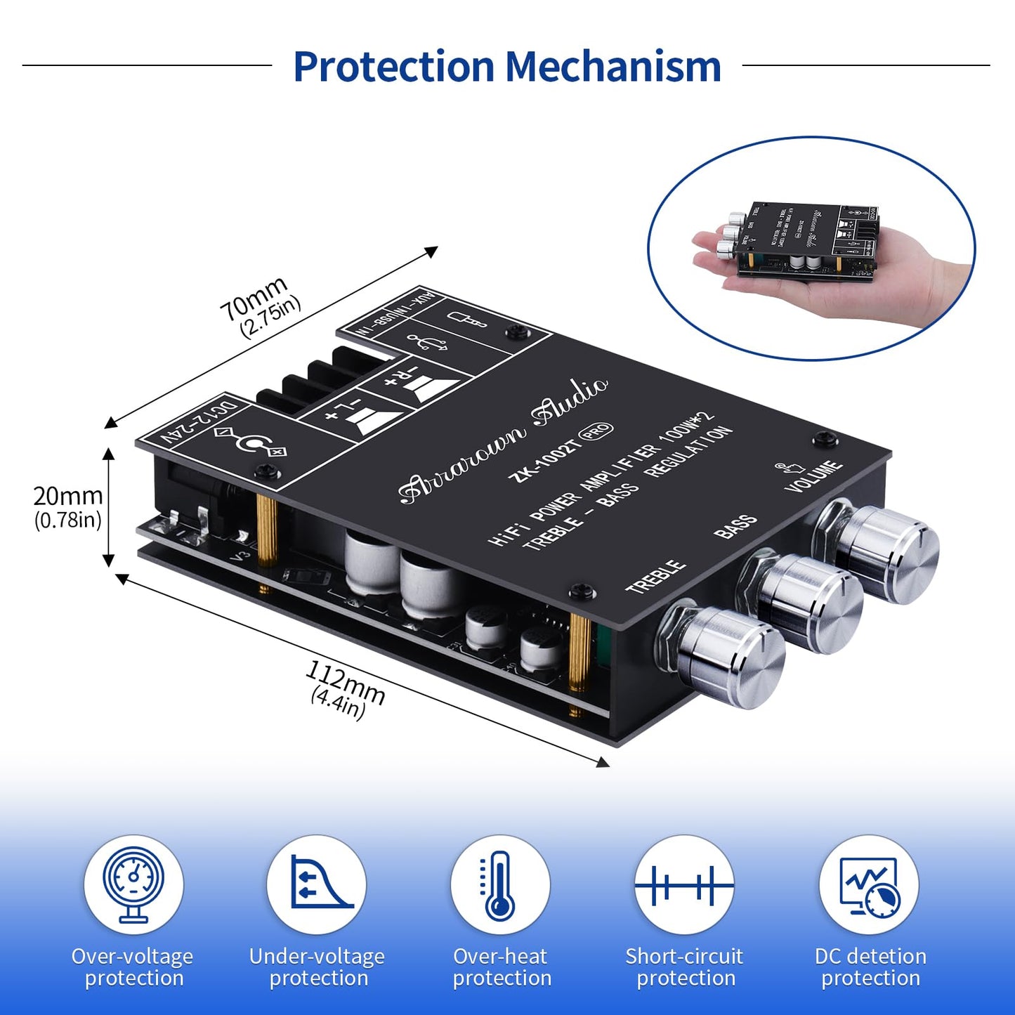 ARRAROWN ZK-1002T RPO 2.0 Channel Bluetooth 5.0 Amplifier Board 200W HiFi Subwoofer Audio AMP with Treble and Bass, BT USB and AUX Inputs, DC 12-24V