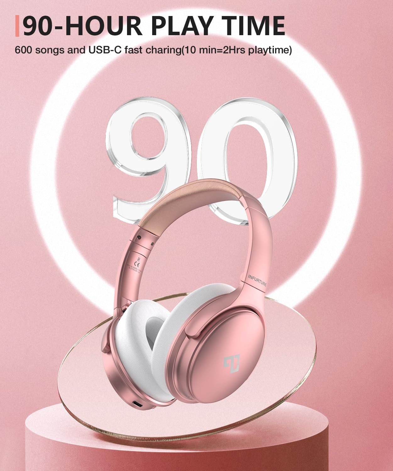 INFURTURE Pink Headphones Over Ear Headphones Active Noise Cancelling Bluetooth Headphones, Deep Bass Headset, Low Latency, 90H Playtime, Foldable…