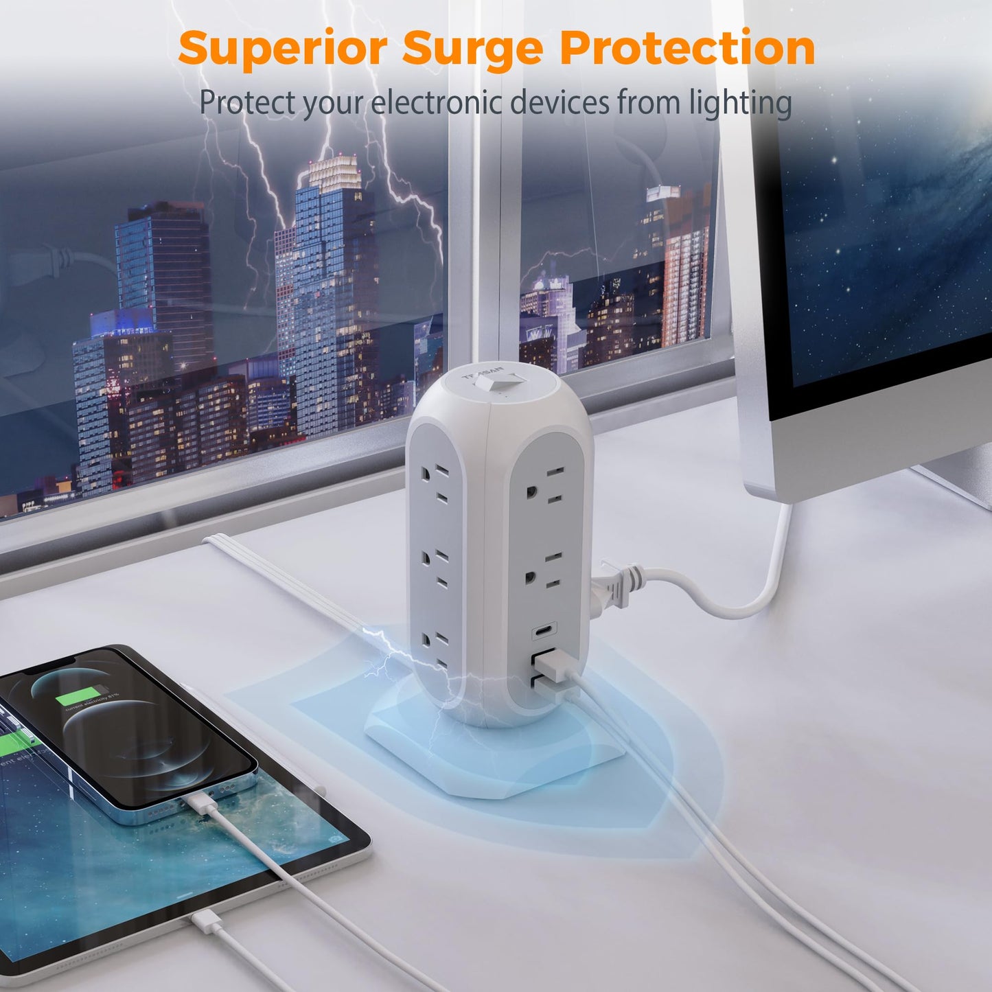 Tower Power Strip Flat Plug with 11 Outlets 3 USB (1 USB C), TESSAN Surge Protector Tower 1625W/13A,1050J Protection, 6 Feet Extension Cord