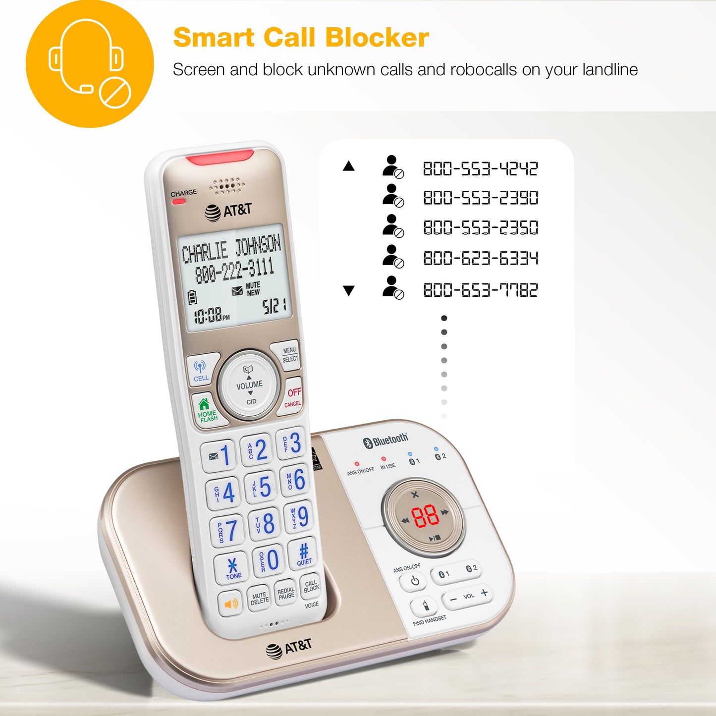 AT&T BL3112-4 Cordless Phone for Home - 4 Handsets, DECT 6.0, Bluetooth Cell Connect, Answering Machine, Smart Call Blocker, Caller ID, Intercom