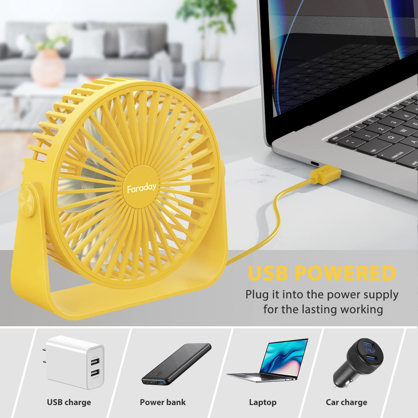 FARADAY USB Desk Fans 5 Inches Portable Table Fans 360° Head Rotation Small Personal Desktop Fan for Home Office, 3 Speeds, Yellow