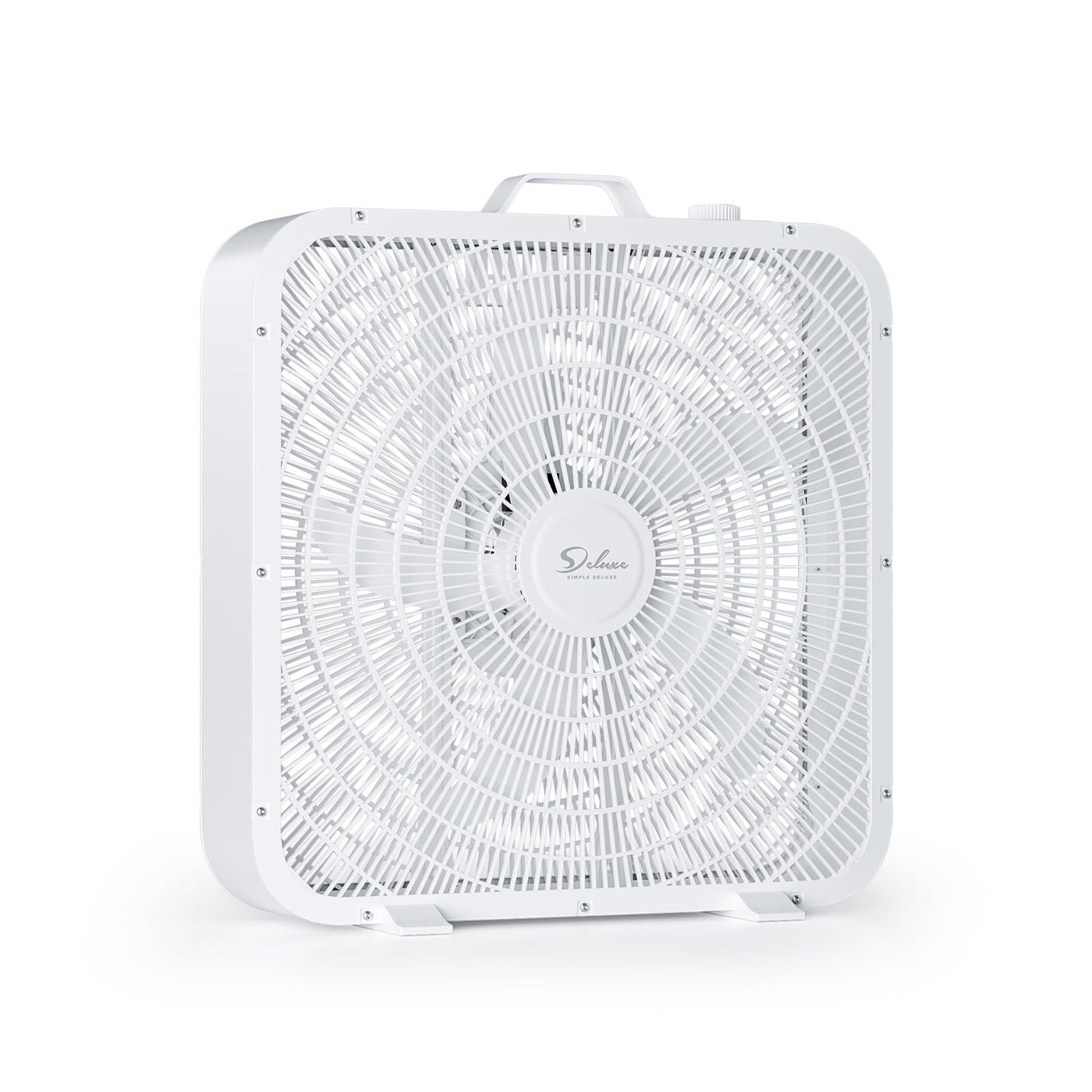 Simple Deluxe 20” Box Fan, 3-Speed Cooling Table Fan with Aerodynamic Shaped Fans Blades, Convenient Carry Handle and Safety Grills, White