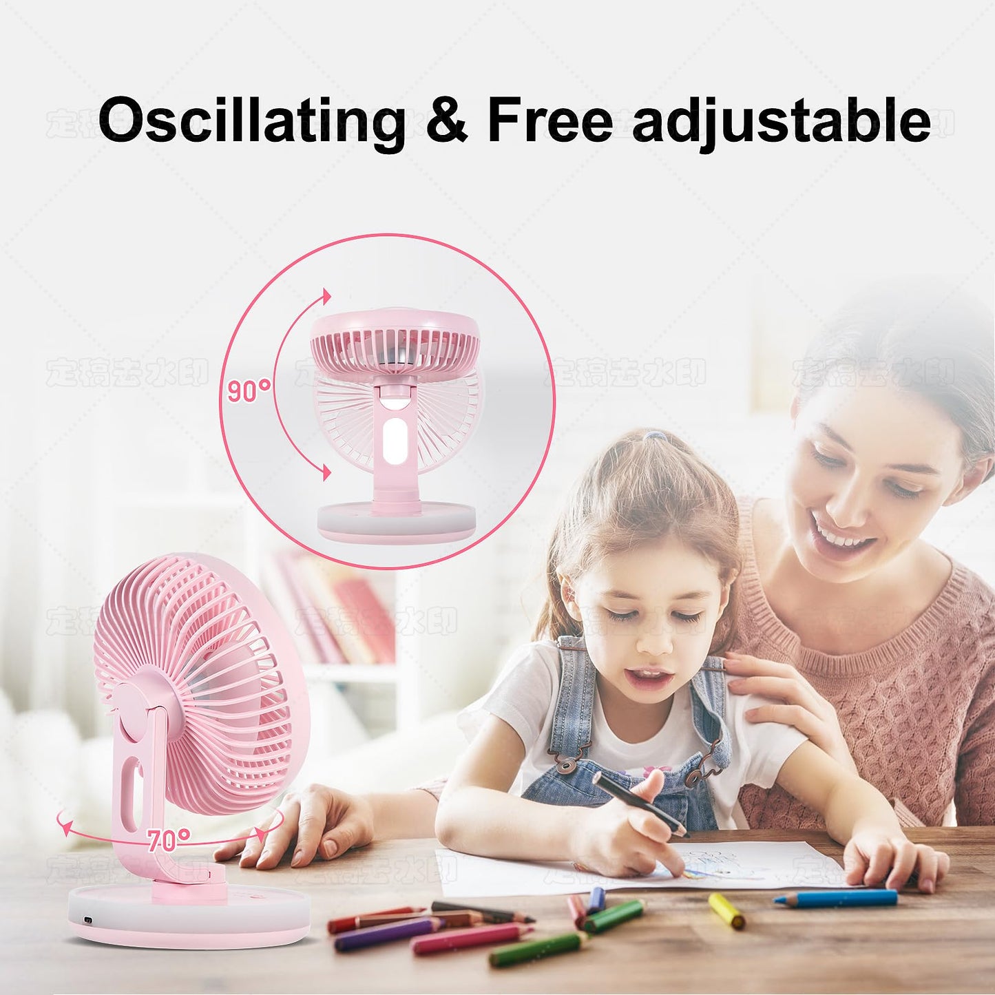 MAWFOZIN Small Desk Fan With Night Light, Auto Oscillating Table Fan With 3000mAh Rechargeable Battery, USB Personal Fan With 4 Speeds Wind