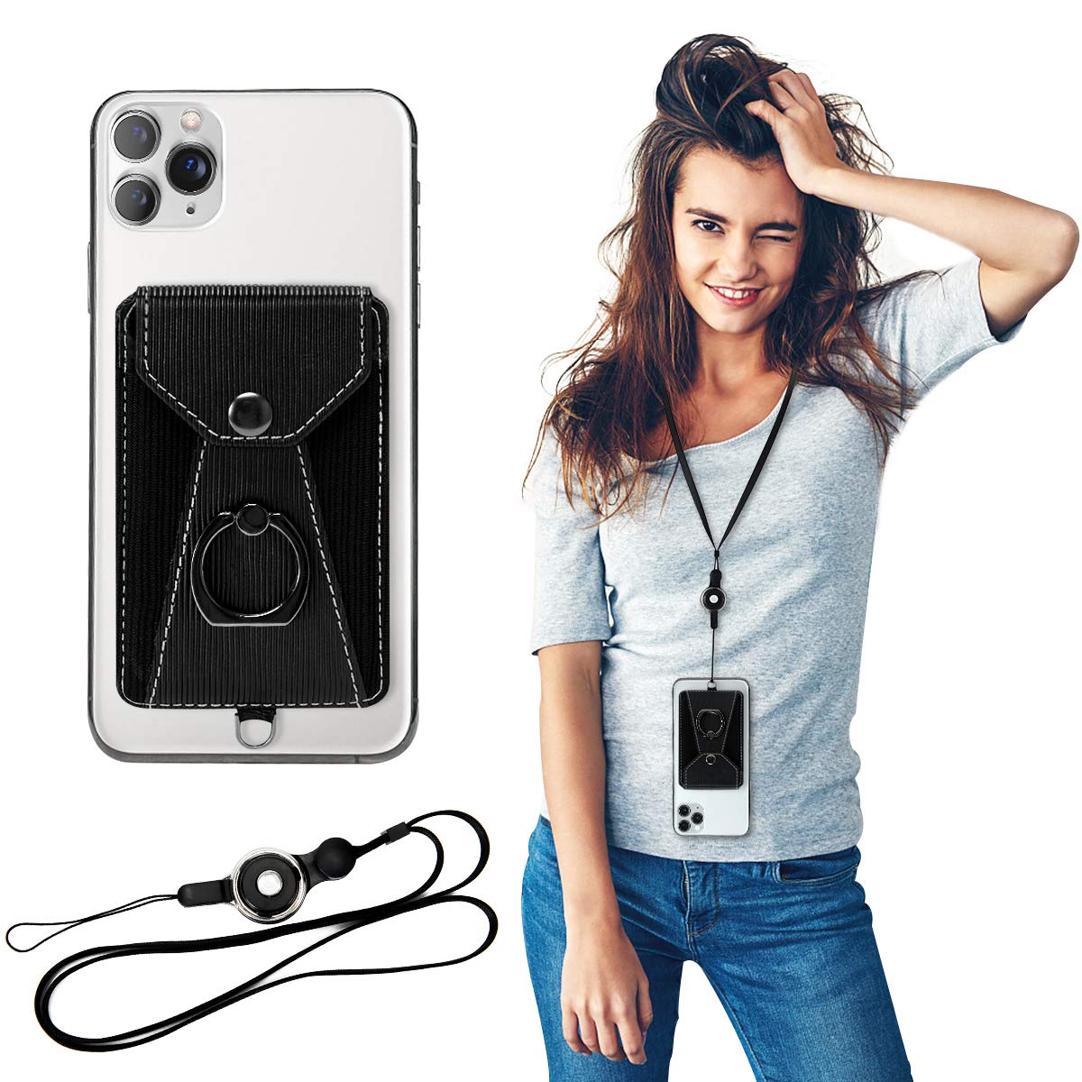 YUNCE Cell Phone Card Holder,Card Holder for Back of Cell Phone with Ring Grip Stand,Adhesive Stick-on Credit Card Wallet Pocket with Detachable Neck