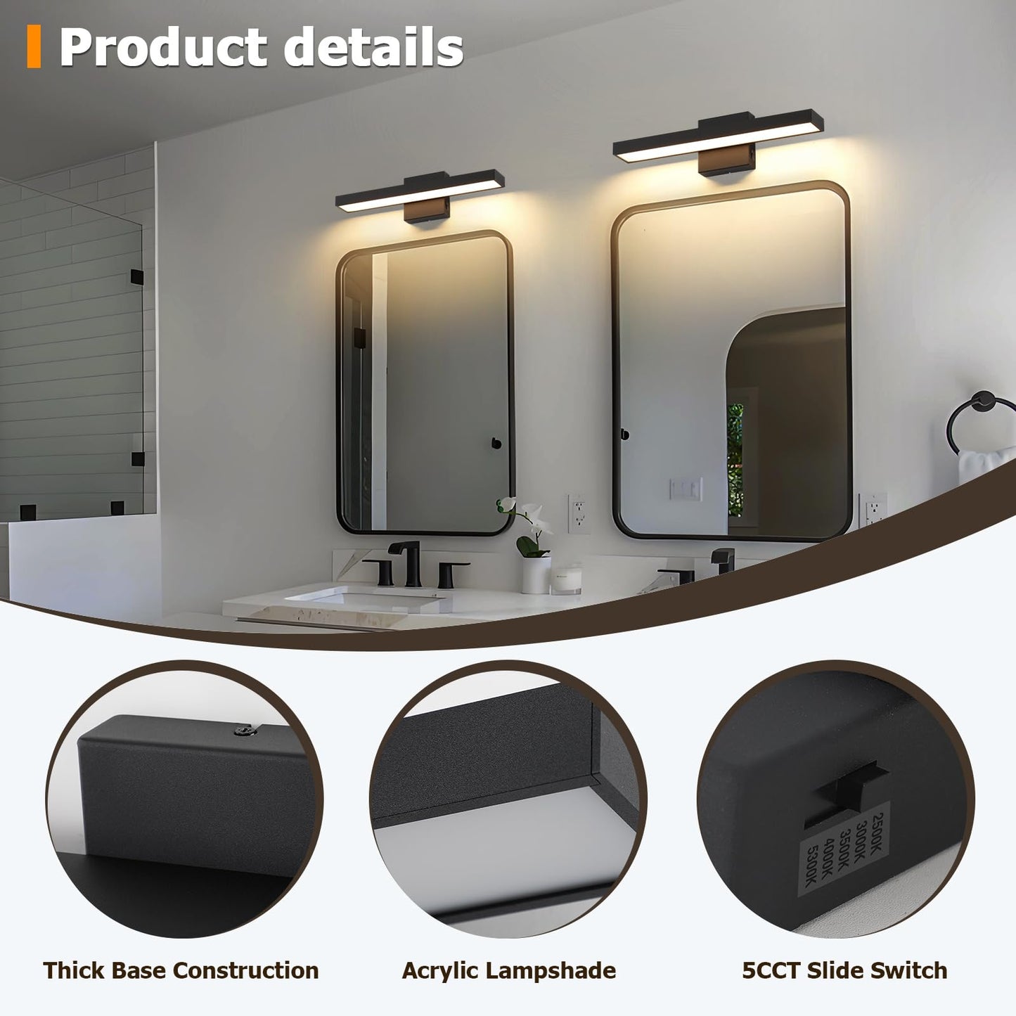 Joosenhouse Black Vanity Light for Bathroom 5CCT Dimmable LED Bath Light Modern Bathroom Light Bar for Makeup Mirror 16.53 Inch 16W