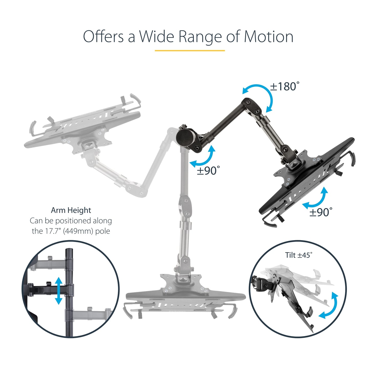 StarTech.com Laptop Desk Mount, VESA Monitor Mount for Displays up to 34" 17.6lb/8kg or Laptops up to 9.9lb (4.5kg), Articulating Arm Tray with Clamp