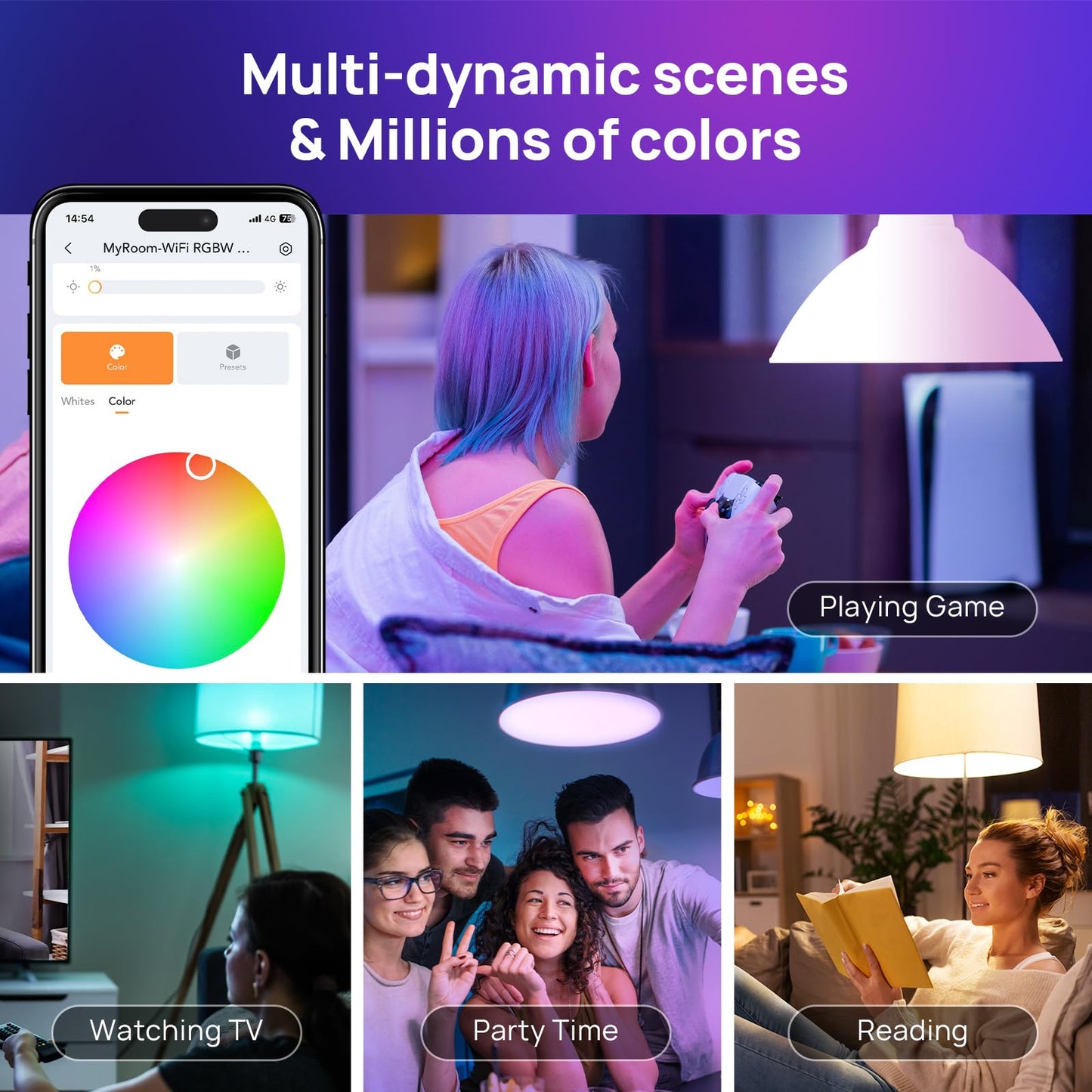 Consciot Smart Light Bulbs, A19 E26 Color Changing LED Bulbs, WiFi & Bluetooth, Matter-Certified, Works with Alexa, Google Home & Siri, No Hub