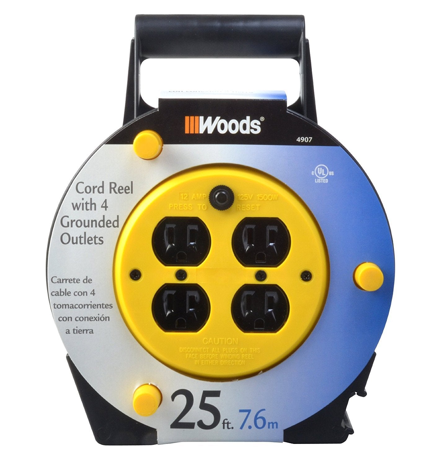 Woods Light Duty Extension Cord Reel - 16/3 Conductor Electrical Cord with 4 Grounded Outlets - 12A Circuit Breaker - Ideal for Light to Medium Duty