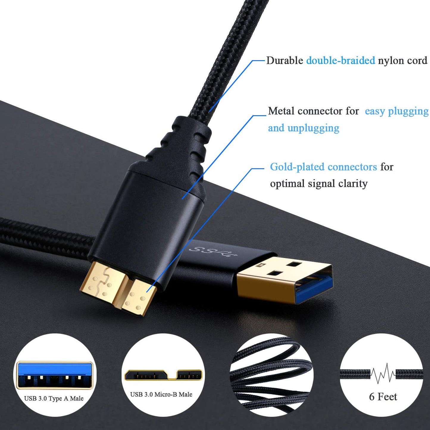 Besgoods USB 3.0 Micro Cable, 3-Pack 6ft Super Speed USB 3.0 Cable A Male to Micro B Charger Cable Compatible for Samsung Galaxy S5, Note 3, External