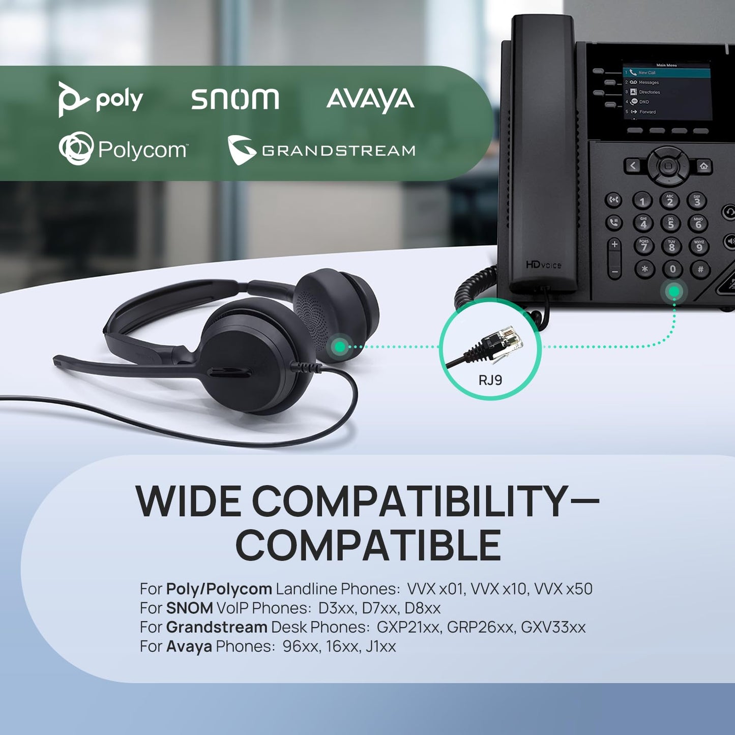 Yealink Phone Headsets for Office Phones YHS36 E2 QD to RJ9 Wired Headset Compatible with Poly Snom Phones Desk Landline VoIP Headset with Microphone