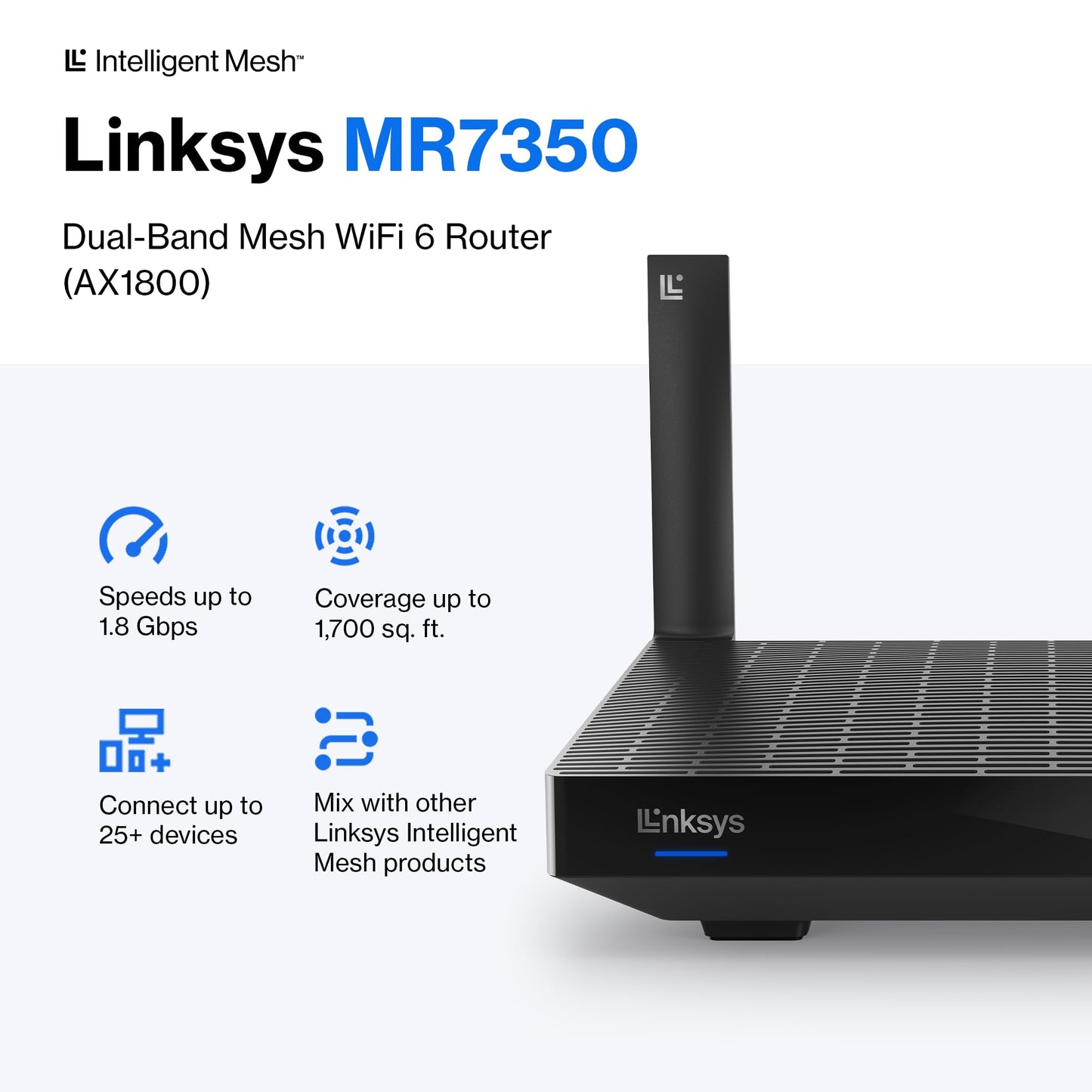 Linksys Mesh Wifi 6 Router, Dual-Band, 1,700 Sq. ft Coverage, 25+ Devices, Speeds up to (AX1800) 1.8Gbps - MR7350