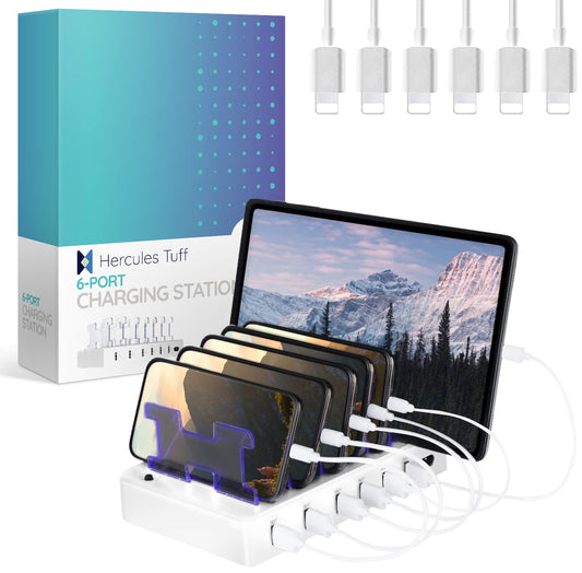 Charging Station for Multiple Devices - 6-Port USB Charging Dock for Apple & Android - Fast Multi-Charger Organizer for Phones, Tablets & More (White)