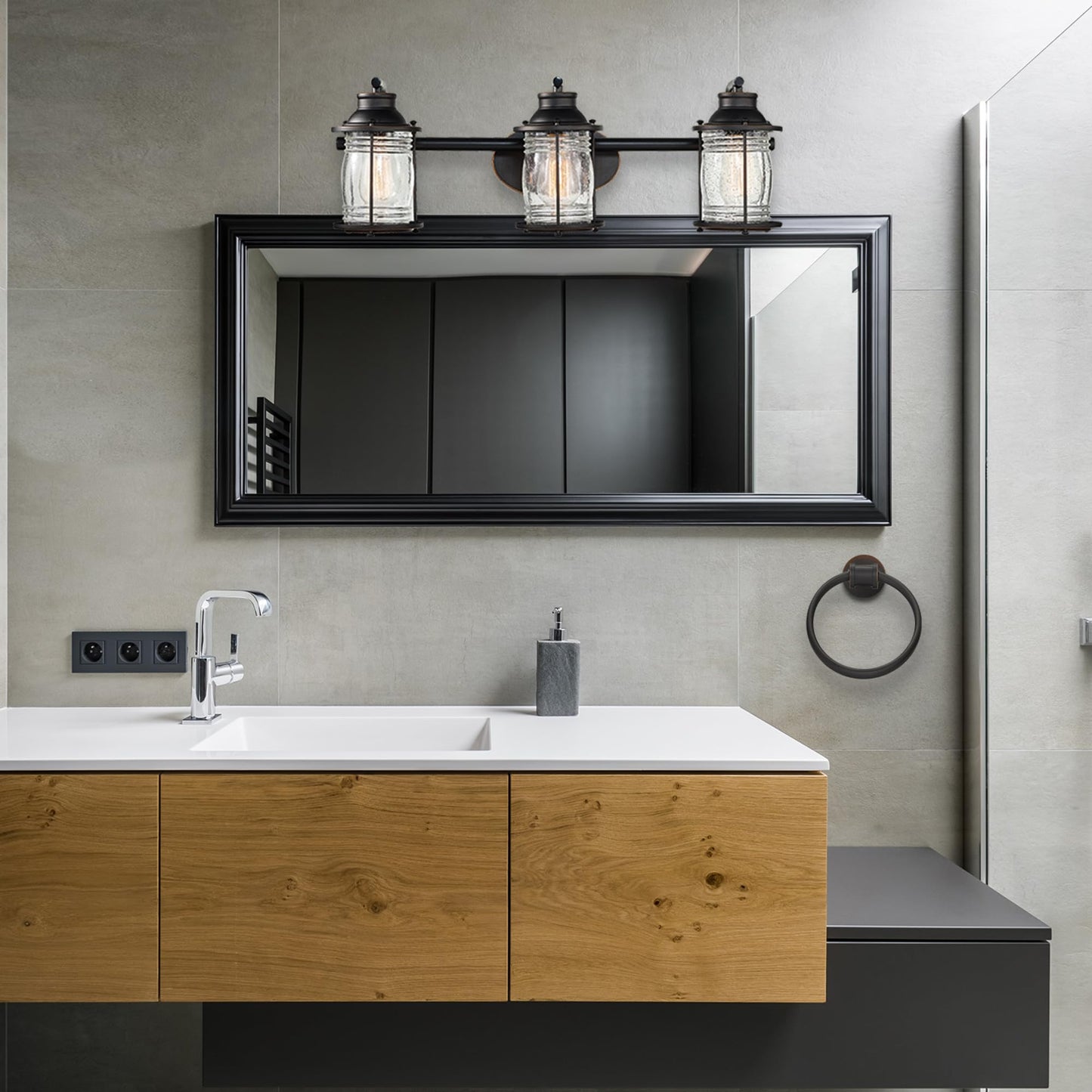 Globe Electric 51549 5-Piece All-in-One Bathroom Set, Oil Rubbed Bronze, 3-Light Vanity Wall Light with Ribbed Seeded Glass Shades, Towel Bar