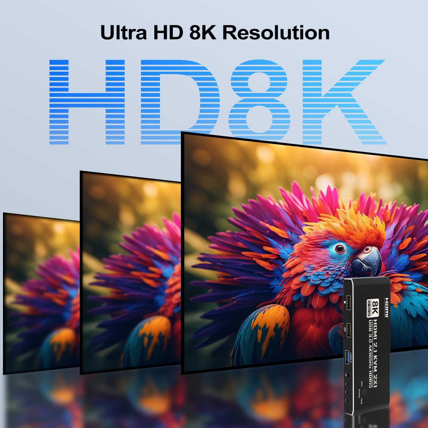 KVM Switch HDMI 2 in 1 Out for 1 Monitor 2 Computers, 8K@60Hz 4K@165Hz USB 3.0 Hub with IR Remote Control, Aluminum Alloy, HDR10 HDCP 2.2