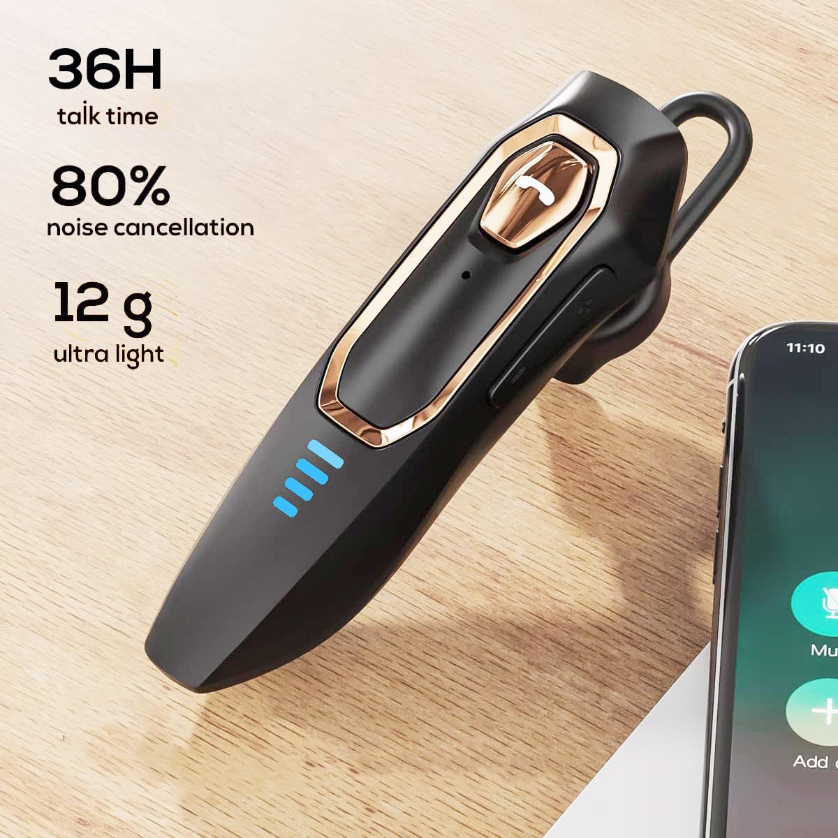 Bluetooth Headset V5.4?Bluetooth Earpiece with Micros, Noise Cancelling Hands Free Bluetooth Headset for Cell Phone with 36H Talking Time/Mute