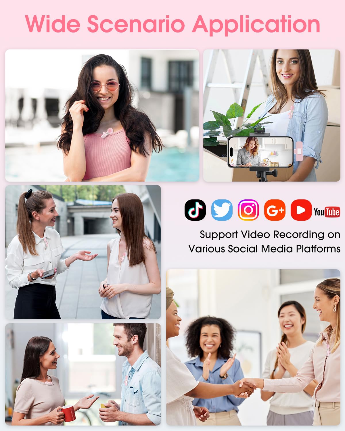Mini Wireless Lavalier Microphone for iPhone 16/15/14/Android, Lapel Mic with Noise Reduction, 12H, 65ft, Pink Tiny Microphone Content Creator