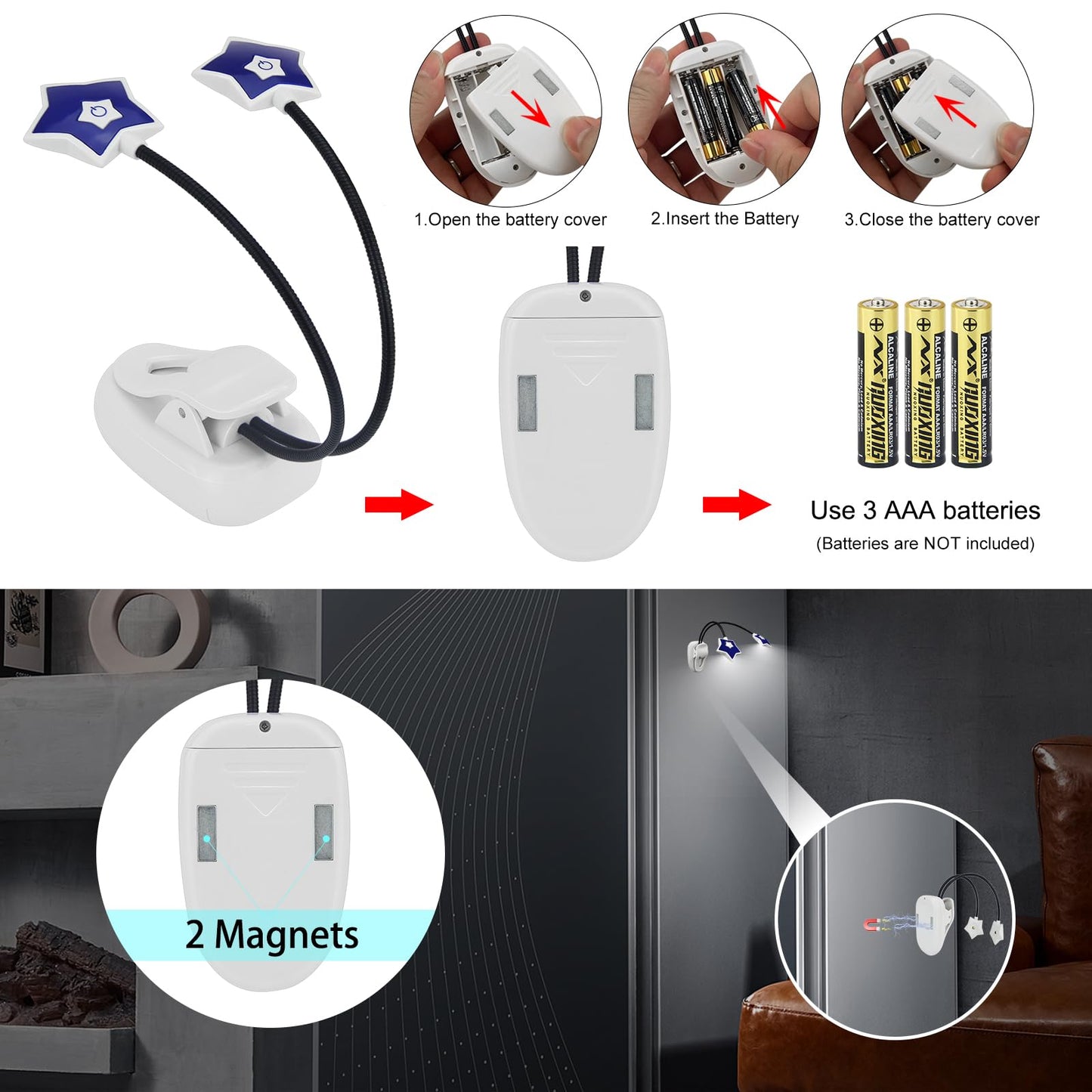 LUXSWAY 2 Pack LED Book Reading Light, Battery Operated Book Light for Reading in Bed, 2 Brightness Adjustable for Eye Care, Flexible Gooseneck Clip