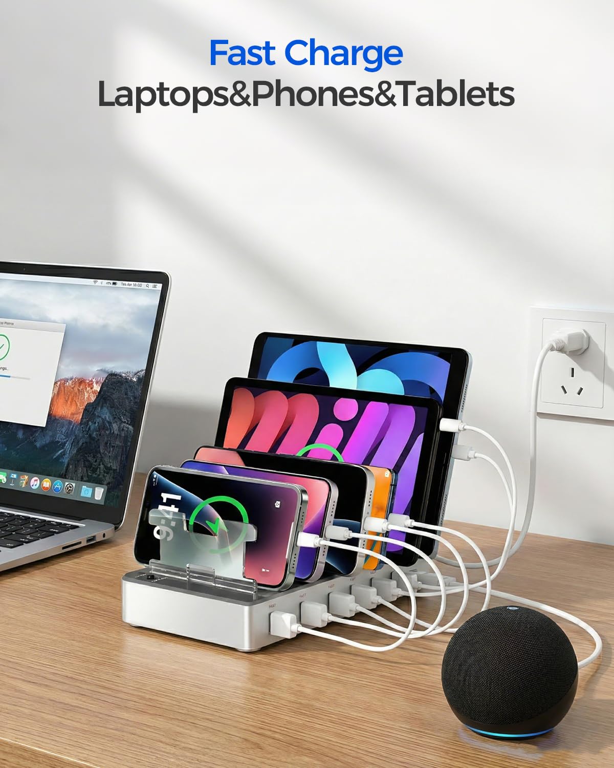 300W Charging Station for Multiple Devices, Fast Charging 6 Port Charging Station - Compatible with iPhone iPad Android Tablets, Home Office Travel