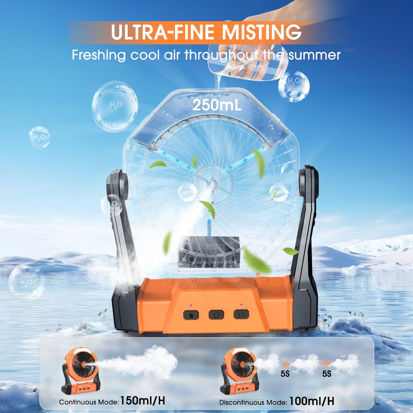 Ausic Portable Misting Fan for Outdoor Cooling, [24-90Hrs] Battery Powered Mist Fans with Water Misters & LED Lantern, 8-Inch, 250mL Tank, for Patios