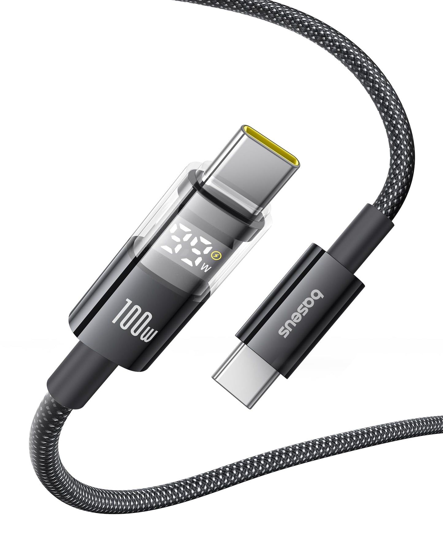 Baseus USB C Cable, 100W 5A Fast Charging USB C Charger Cable with LED Display, Zinc Alloy Nylon Braided USB C to USB C Cable for iPhone