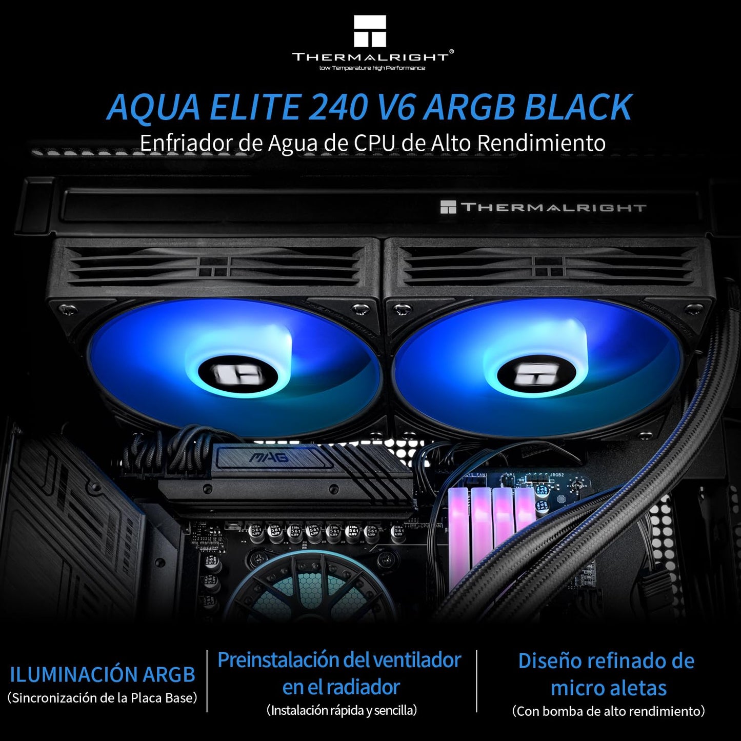 Thermalright Aqua Elite 240 V6 ARGB Black CPU Liquid Cooler,2x120mm Water Radiator,AMD: AM4/AM5,Intel LGA115X/1200/2011/1700/1851, AIO CPU Cooler