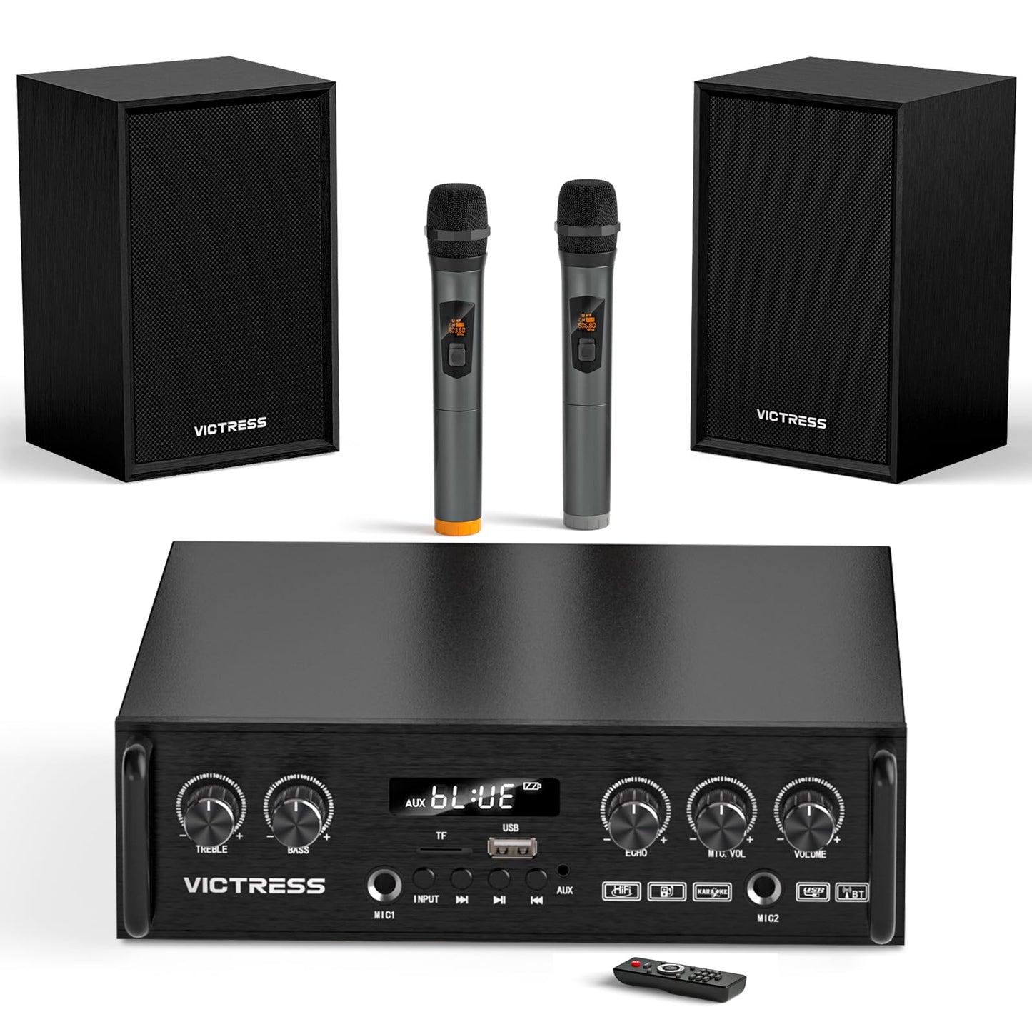 All-in-One 500W Power Amplifier for Home Audio, Bluetooth 5.0 with 2 HiFi Speaker&Wireless UHF Microphones, 2 Channel Stereo Amplifier Set