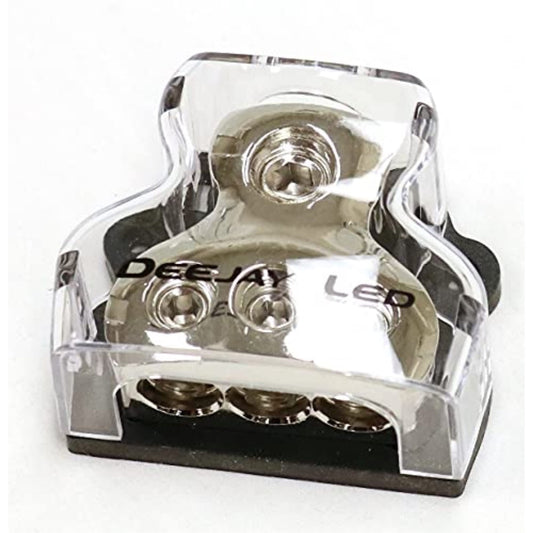DEEJAY LED 0 Gauge to 3X 4 Gauge Power Distribution Block for Car Audio, Car Audio Power Distribution Block, Solid, Nickel Plated, Clear Snap-On Cover, Reliable Mechanical Design