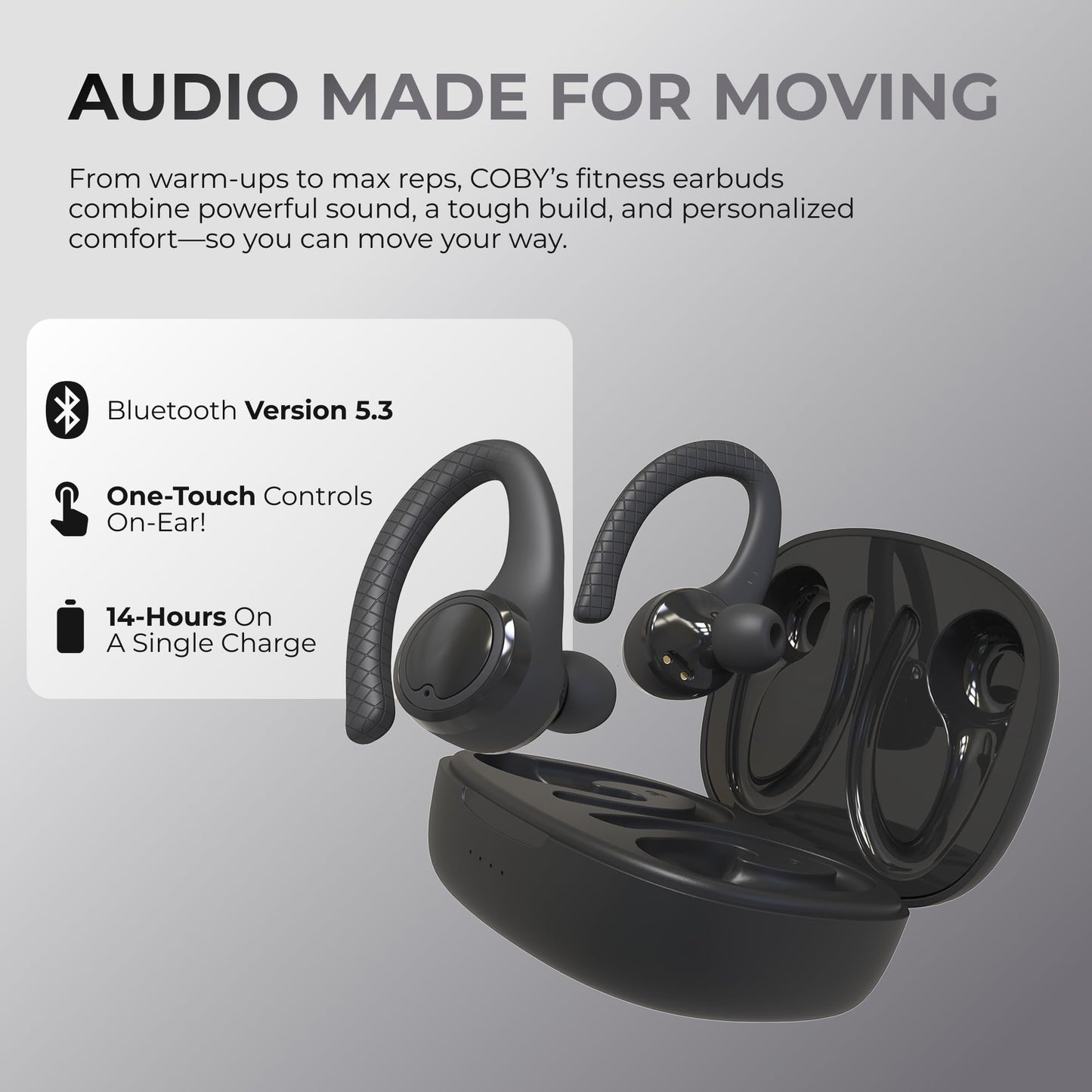 Coby True Wireless Bluetooth Earbuds, Interchangeable Ear Hooks and Tips, Multi-Sized Ear Gels, Sweat-Resistant Design, 14-Hour Play Time, Drop-Proof…