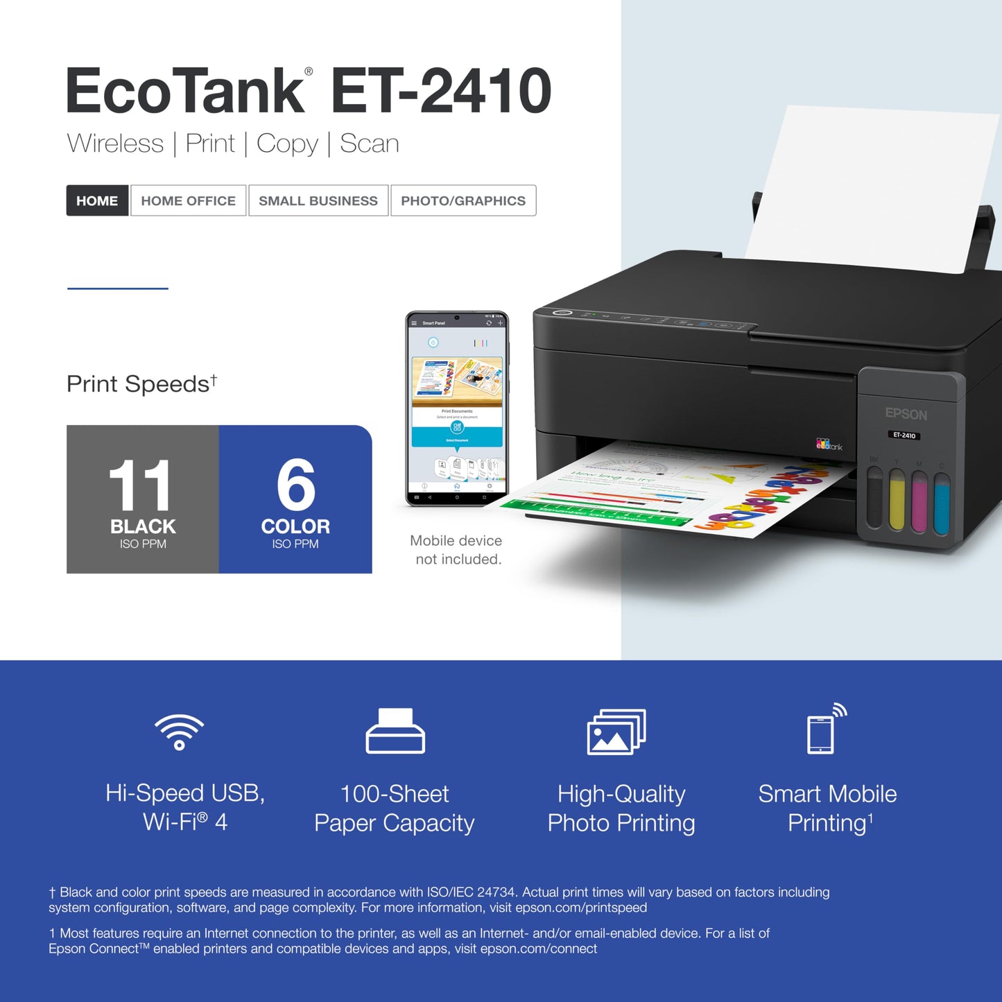 Epson EcoTank ET-2410 Wireless All-in-One Color Supertank Printer with up to 3 Years of Ink, Refillable Tanks, Perfect for Home, 11 PPM, Built-in