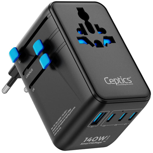 Ceptics 6 in 1 International Power Adapter with PD 140W USB-C, 1x USB-A, 3X Type C, Universal Input and 1x USA/JP Input with Type A, C, G, I Plug…