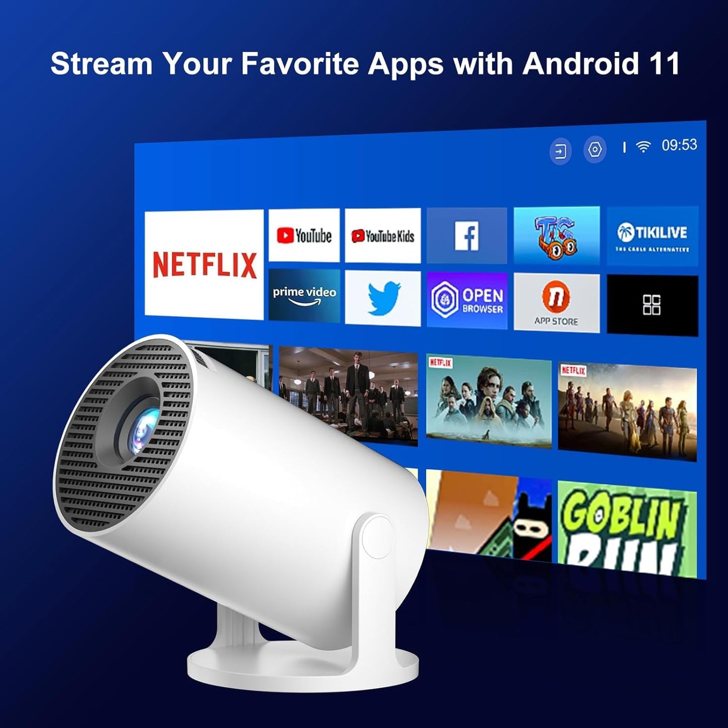 Mini Projector with Android 11.0 - Short Throw, 1080P HD, 180° Adjustable, Auto Keystone Correction, Portable for Outdoor Movies