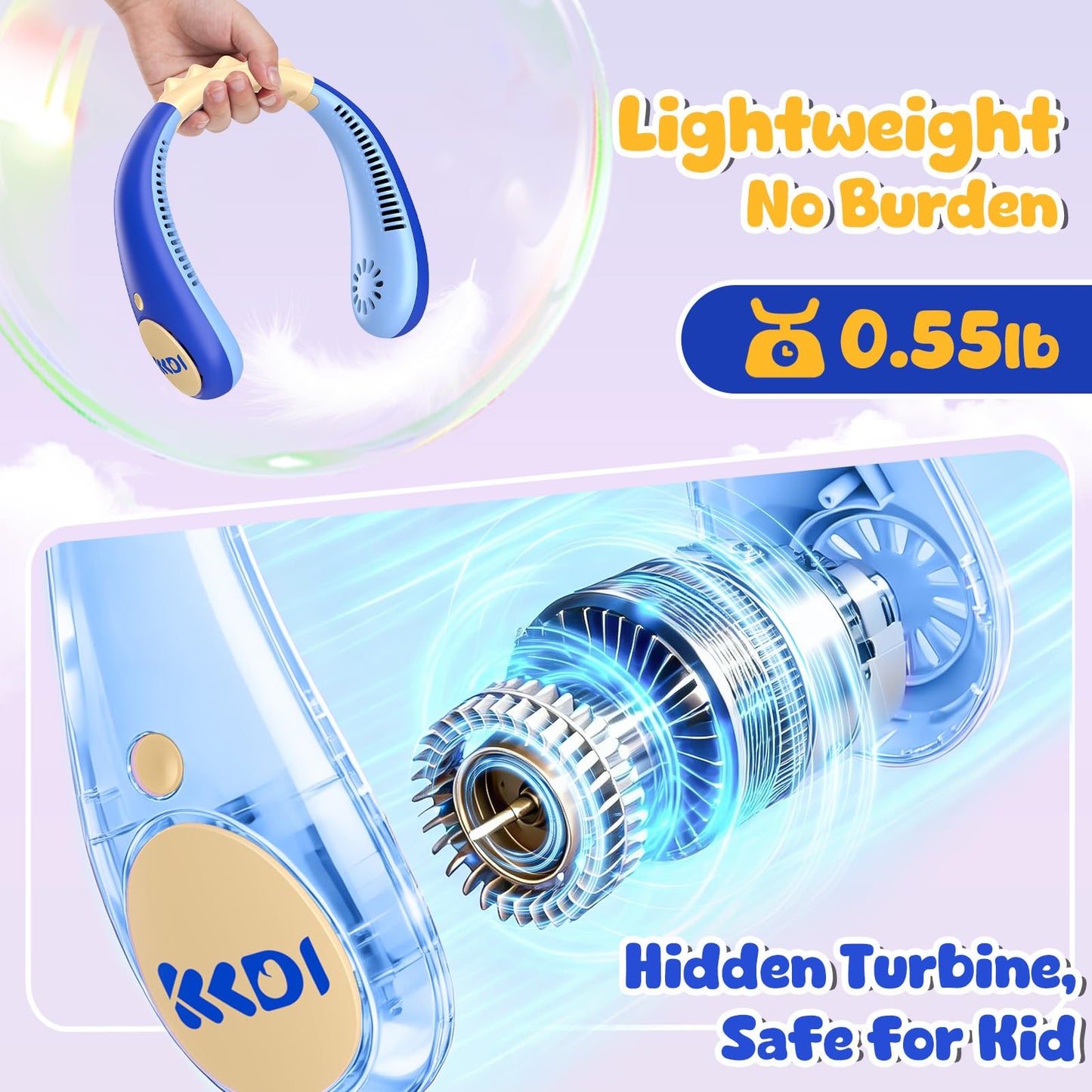Kids Portable Neck Fan, Bladeless Fan for Kids, Safe Kids Rechargeable Cooling Fan for 4-14Y Boys Girls, 2600mAh Personal Fans for Your Neck, 4 Speeds