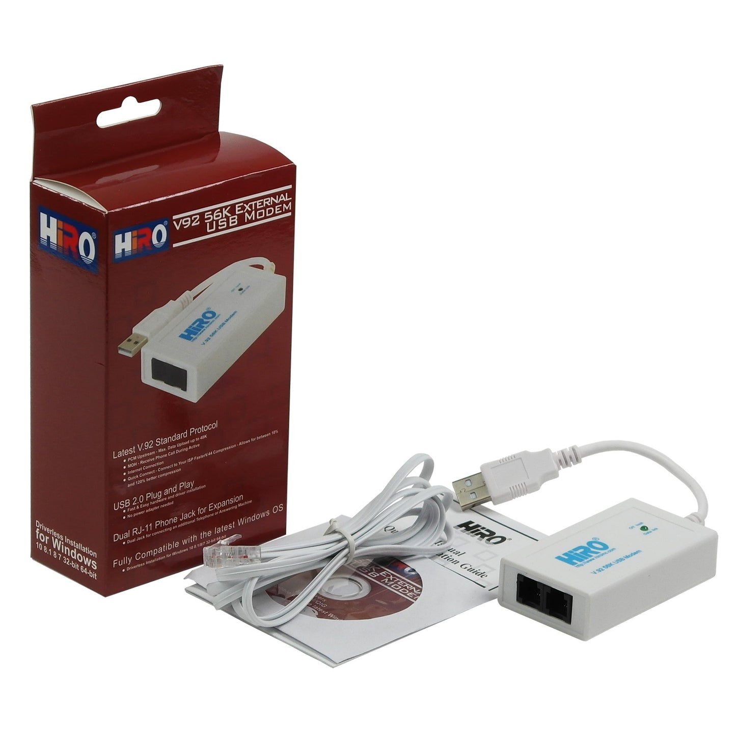 HiRO V92 56K External USB Data Fax Dial Up Internet Modem Dual Port Built in Buzzer Truly Plug n Play Driverless Installation Built in Driver Windows