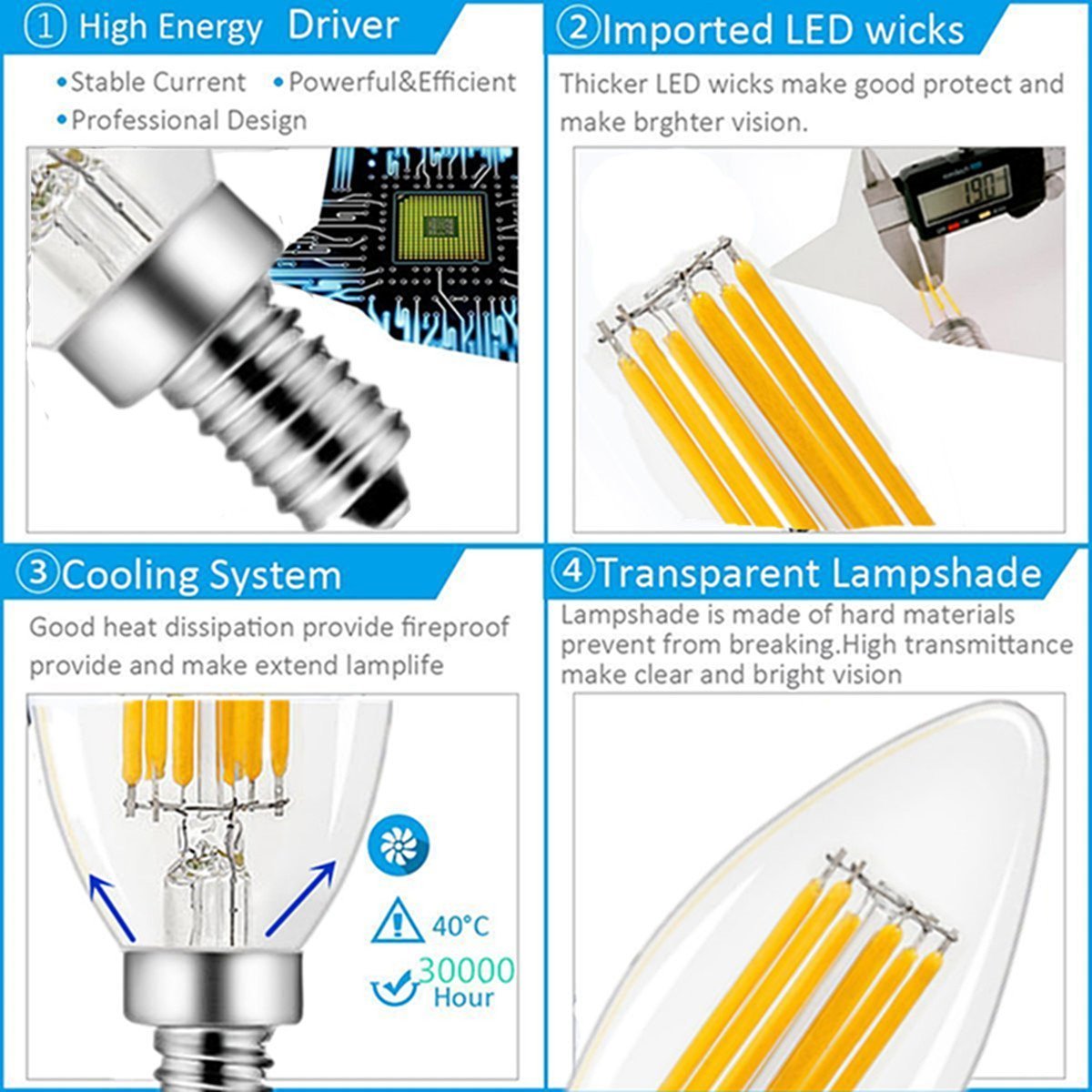 CTKcom 4-Pack 6W Candelabra LED Bulbs,E14 Dimmable COB LED Filament Candle Light Bulb,2700K Warm White 600LM,60W Incandescent Equivalent,Antique Light