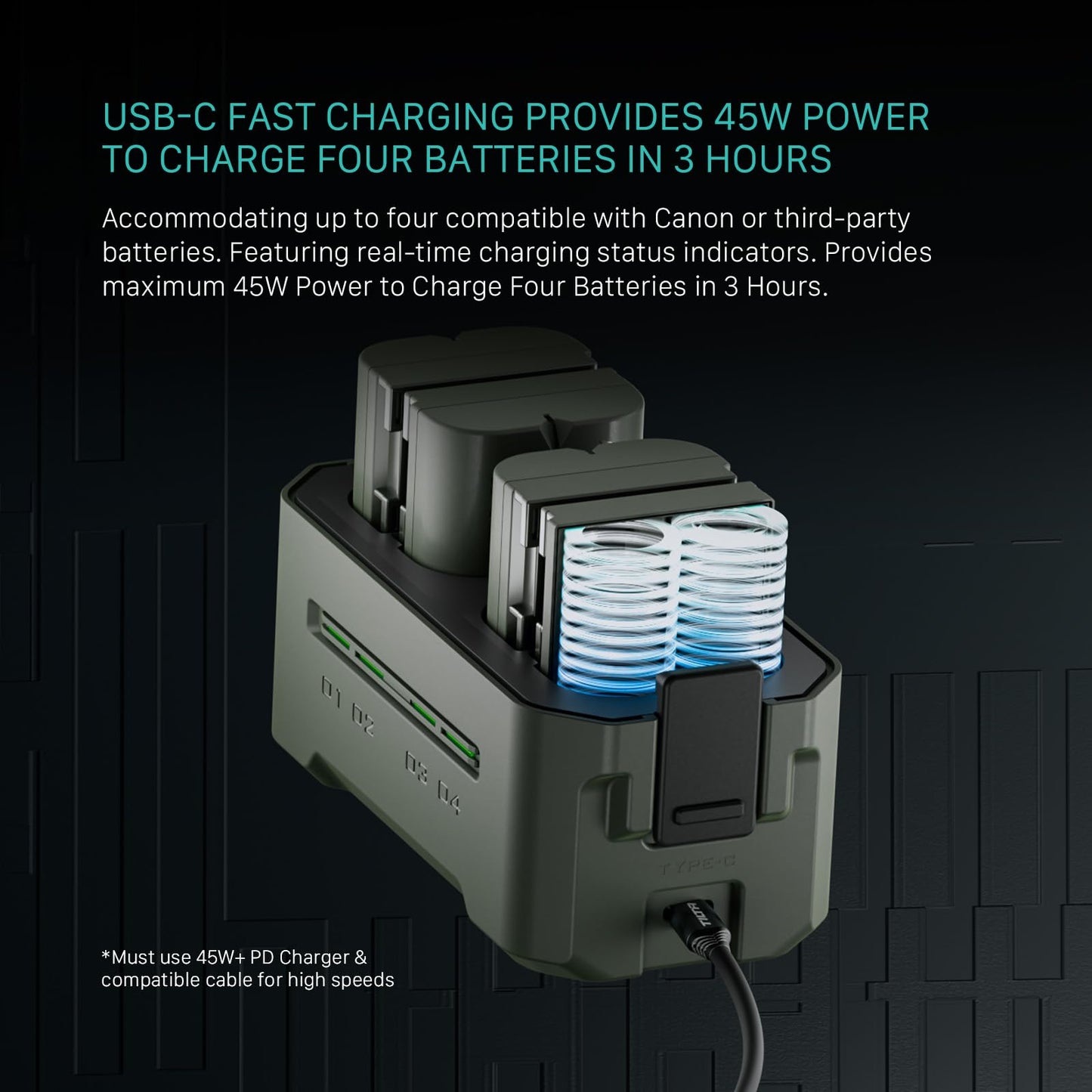 Tilta LP-E6P Charging Station Battery Kit, 4-Slot 45W PD USB-C Fast Charger | Compatible with Canon LP-E6 LP-E6P Cameras | Compact Portable Travel