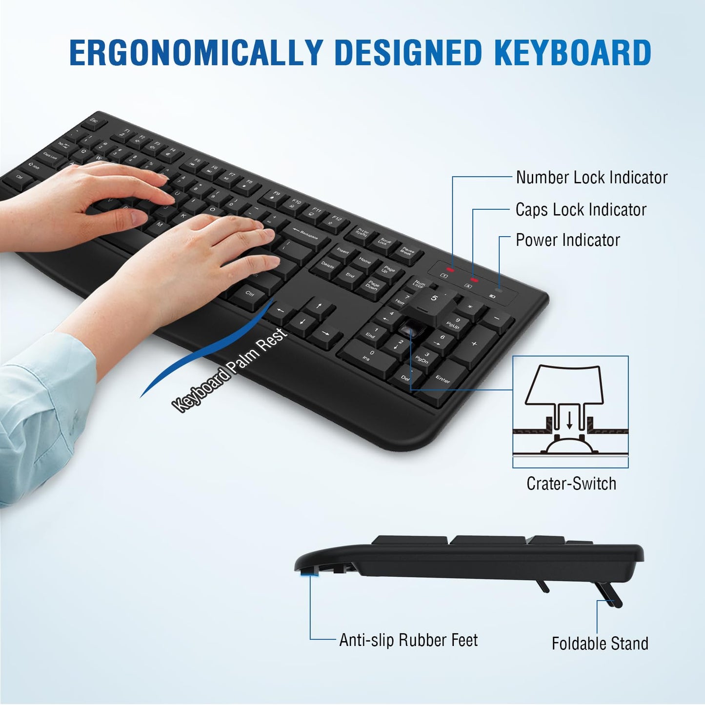 Wireless Keyboard and Mouse Combo, Full-Sized 2.4GHz Wireless Keyboard with Comfortable Palm Rest and Optical Wireless Mouse for Windows, Mac OS