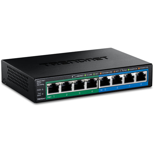 TRENDnet 8-Port Gigabit GREENnet PoE+ Switch, TPE-TG44G, 4 x Gigabit PoE/PoE+ Up to 30 W/Port, 4 x Gigabit, 61 W Power Budget, 16 Gbps Switch