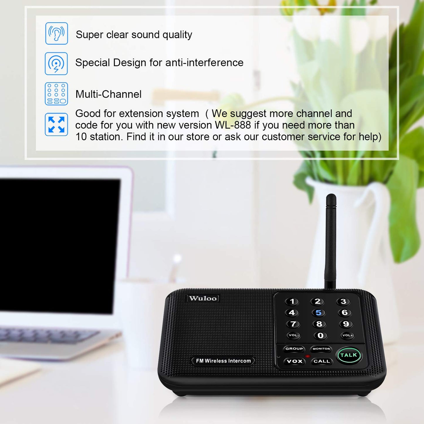 Wuloo Wireless Intercom System for Home 1 Mile Range 10 Channel 3 Code, Intercoms Wireless for Home House Business Office, Home Communication System