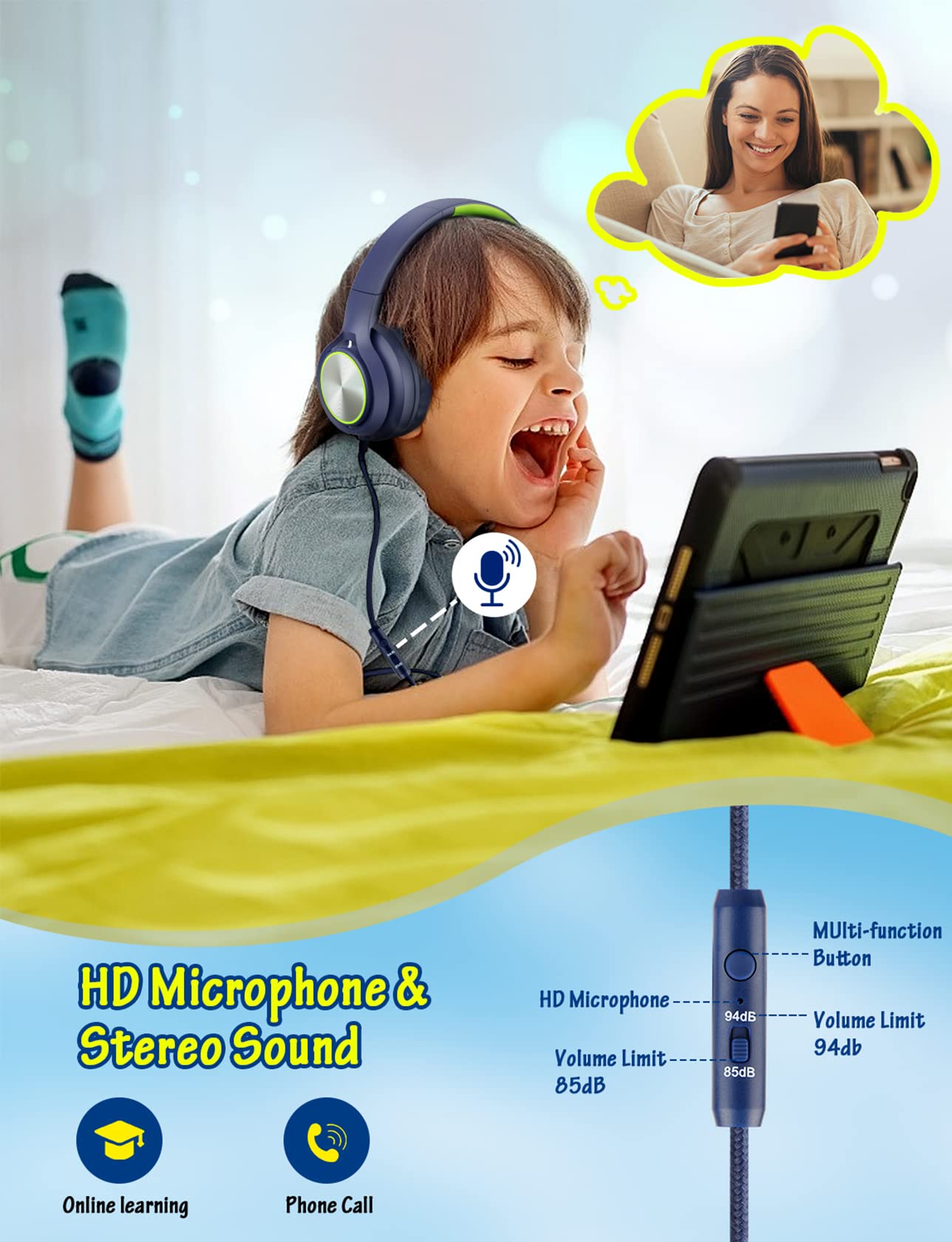 Kids Headphones with Cord , Wired Over Ear Headsets with Microphone Limited Volume 85dB/ 94dB, Portable Wired Headphones for Kids Boys Girls Teens