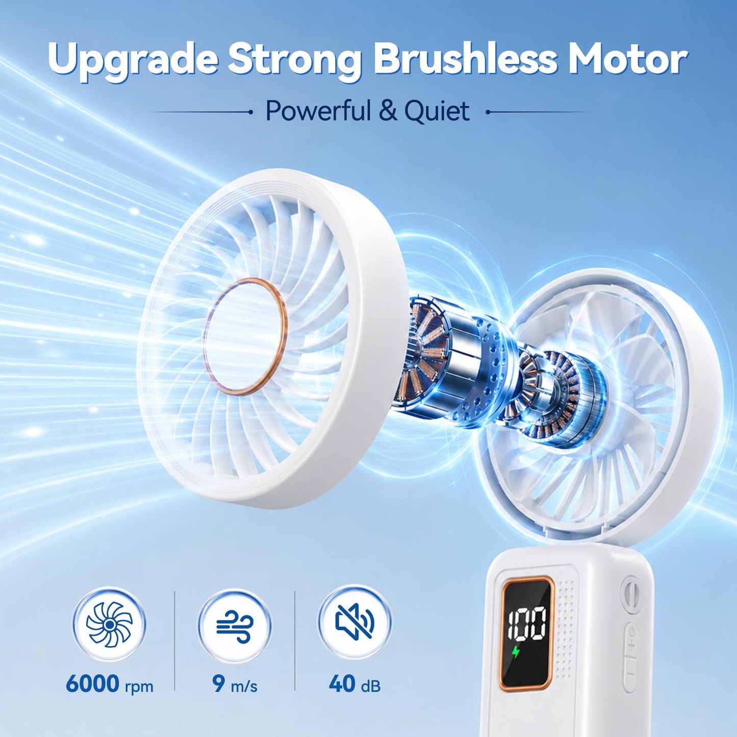 Handheld Fan, 5 Speed & 14H Cooling Time Portable Fan, 6000mAh USB Rechargeable Mini Fan with LED Display, Powerful but Quiet, Foldable Desk Fan