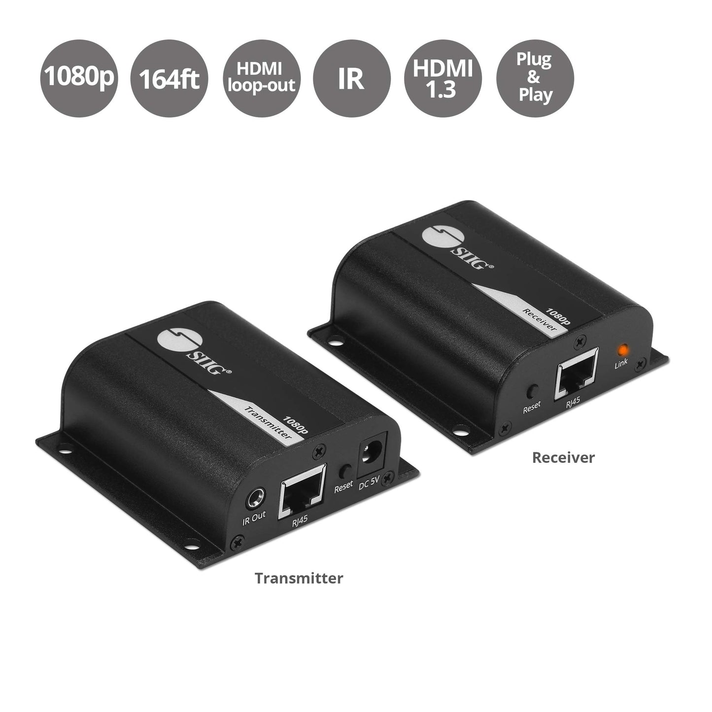 SIIG 1080p HDMI Extender Over Cat5e/6 165ft 1080p - HDMI Ethernet Extender, HDMI Loopout, IR Extension, Stereo Audio, Low Latency (CE-H26011-S1)