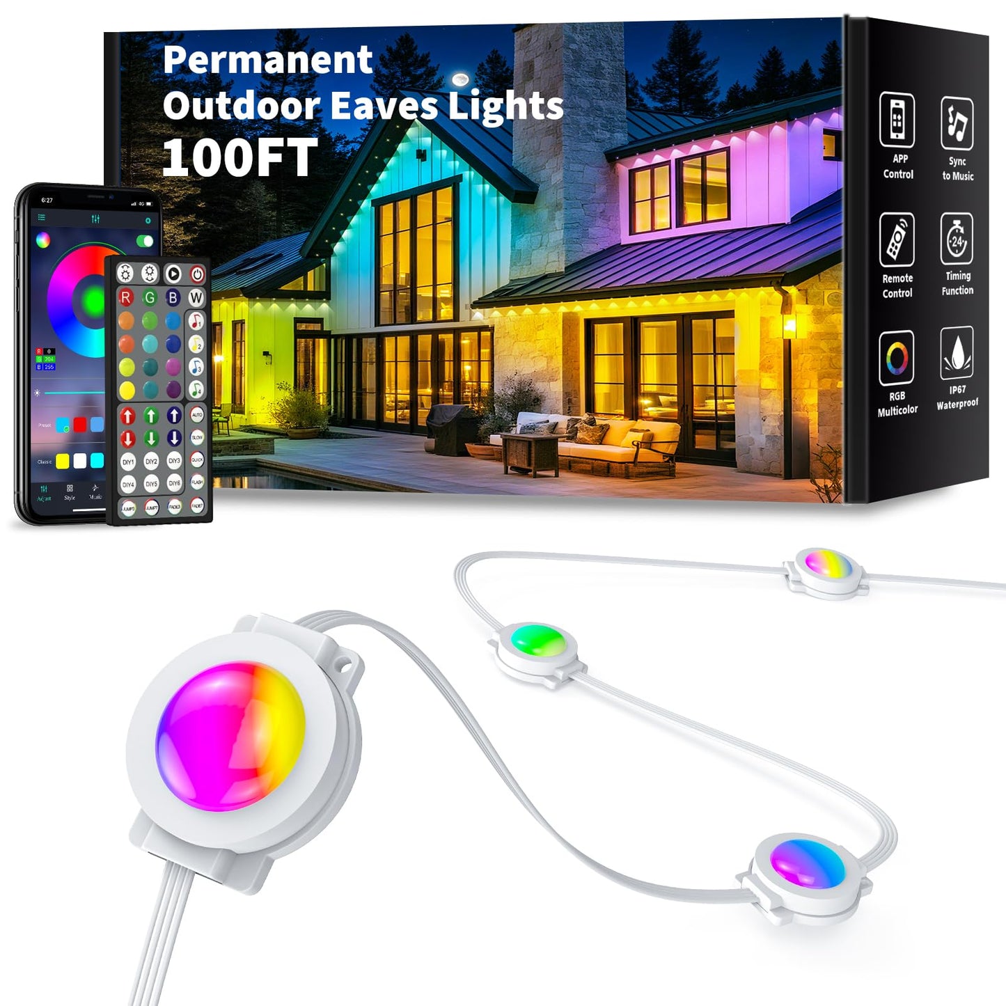 YIBULAYIN 100FT Permanent Outdoor Lights, Smart RGB Eaves Lights with App/Remote Control, LED IP67 Waterproof Outdoor Lighting for Halloween Christmas
