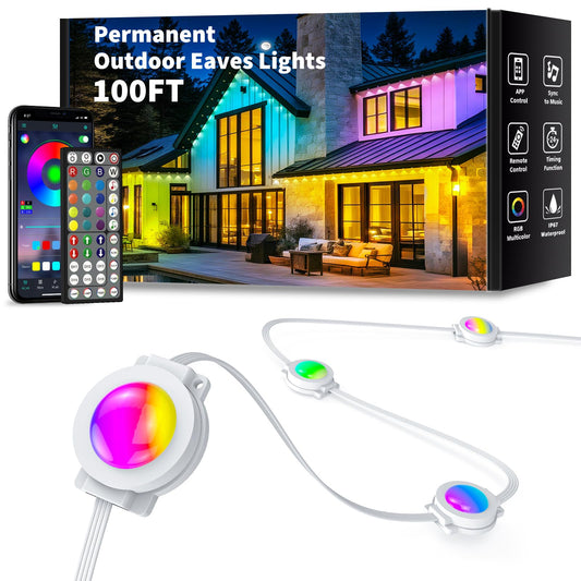 YIBULAYIN 100FT Permanent Outdoor Lights, Smart RGB Eaves Lights with App/Remote Control, LED IP67 Waterproof Outdoor Lighting for Halloween Christmas
