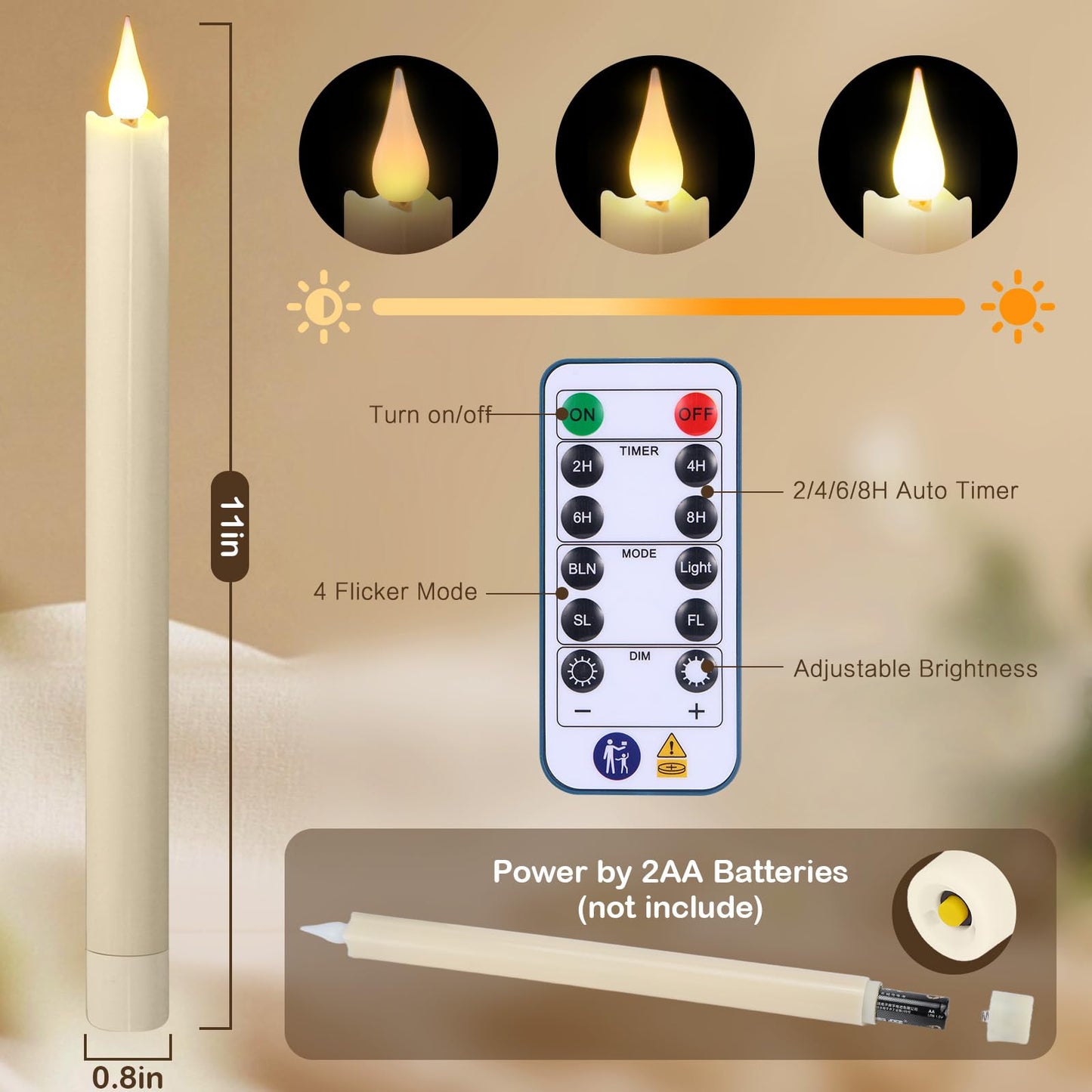 yunsheng 11 Inches Flameless Taper Candles Flickering with Remote & Timer, Set of 6 Battery Operated LED Window Candles, Ivory Plastic LED Candlestick