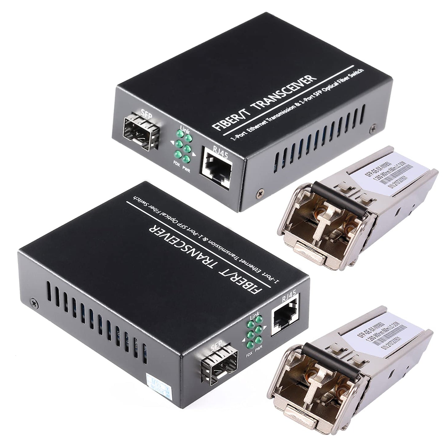 A Pair of 1.25G/s Bidi Gigabit Multi-Mode Fiber Ethernet Media Converter with 2PCS Bidi SFP LC Dual Transceiver Module Included, 10/100/1000Base-Tx