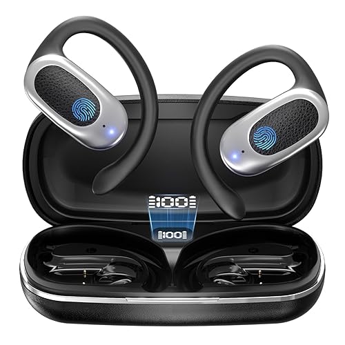 Open Ear Wireless Headphones Air Conduction Earbuds with Mic 42H Playtime Clear Calls LED Digital Display Over Earphones Lightweight Waterproof…