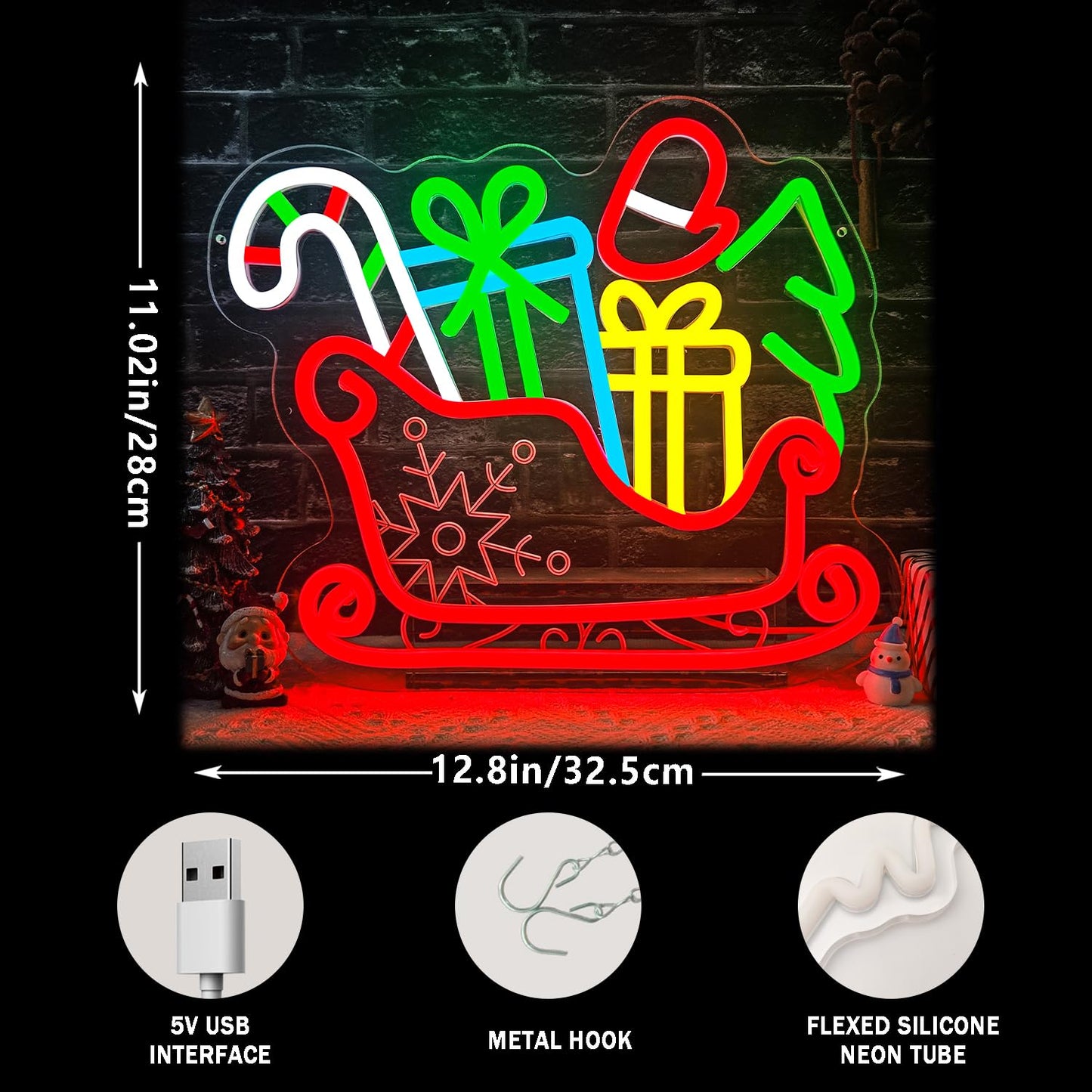 Sled Neon Sign Dimmable Christmas Neon Sign for Wall Decor Christmas Neon Lights Window Decorations christmas Light Up Sign for Bedroom Living Room
