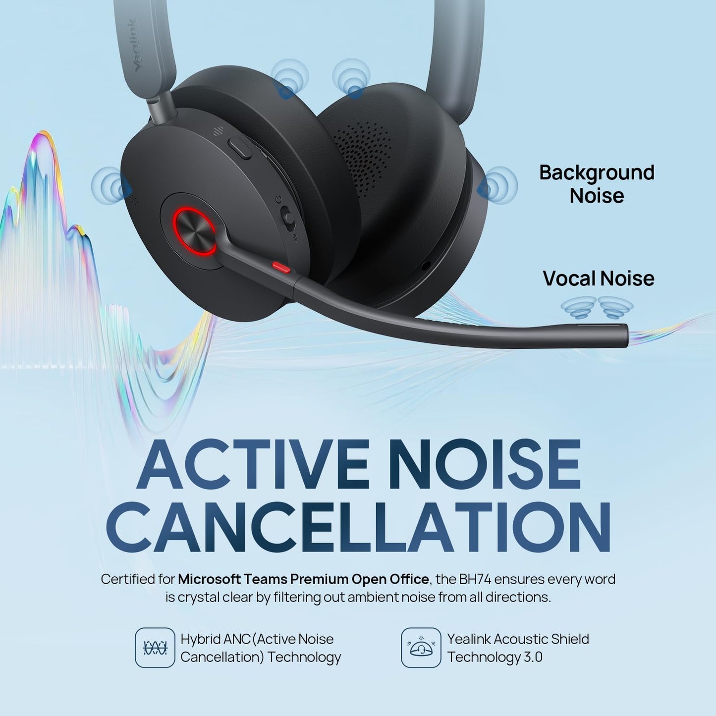 Yealink BH74 ANC Bluetooth Headset with Microphone for Hybrid Work, Microsoft Teams Premium Open Ofﬁce Certified Headsets with 6-mics Active Noise…